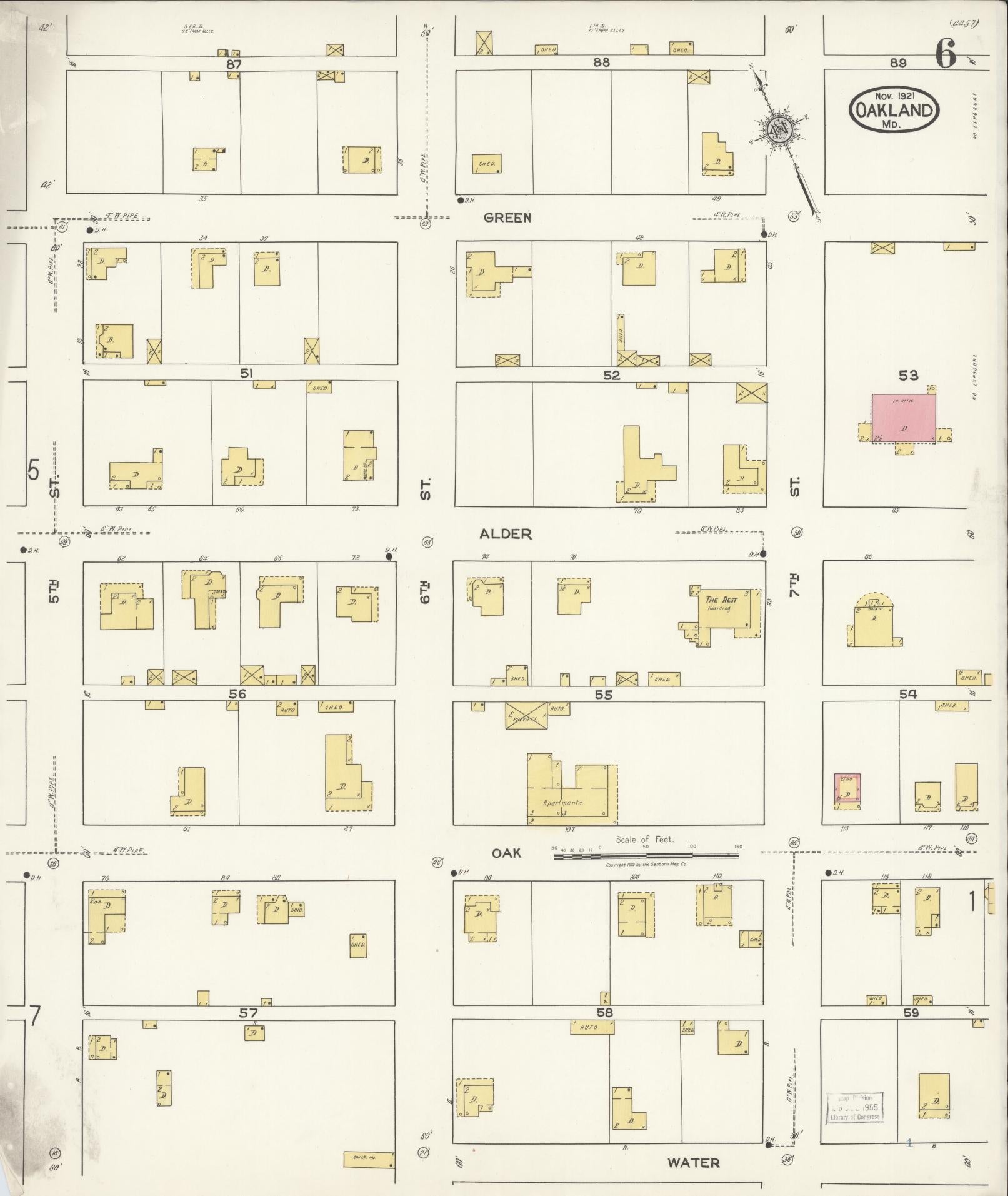 Sanborn Fire Insurance Map from Oakland, Garrett County, Maryland (1921), Sheet #0006 - Historic Sanborn Fire Insurance Map Print, vintage old map wall art