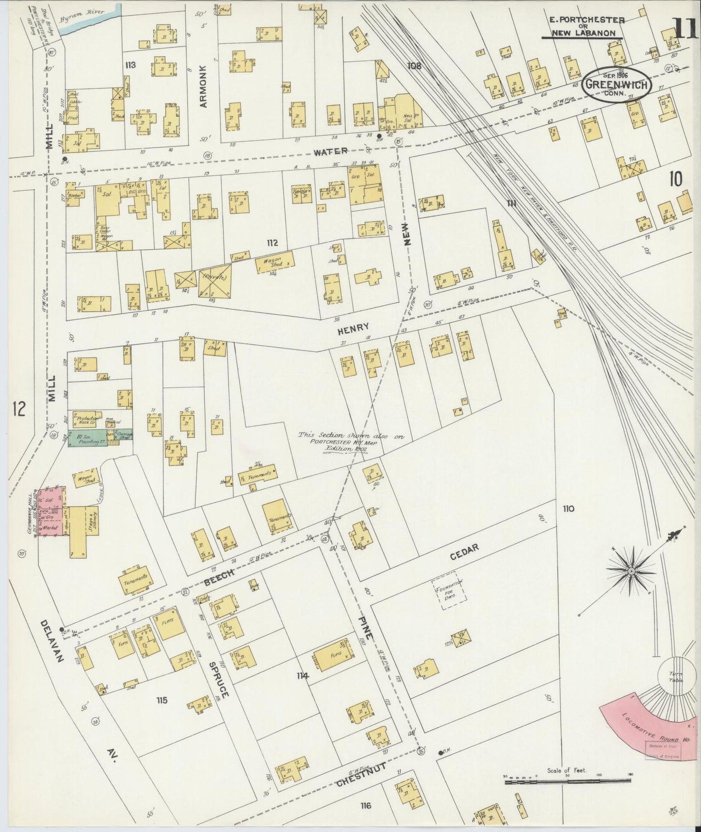 Sanborn Fire Insurance Map from Greenwich, Fairfield County, Connecticut (1906), Sheet #0011 - Complete Map Set gallery image, historic Sanborn map, vintage wall art, Connecticut Connecticut