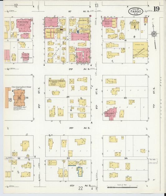 Sanborn Fire Insurance Map from Fargo, Cass County, North Dakota (1916), Sheet #0019 - Historic Sanborn Fire Insurance Map Print, vintage old map wall art, antique decor, genealogy gift, North Dakota North Dakota map