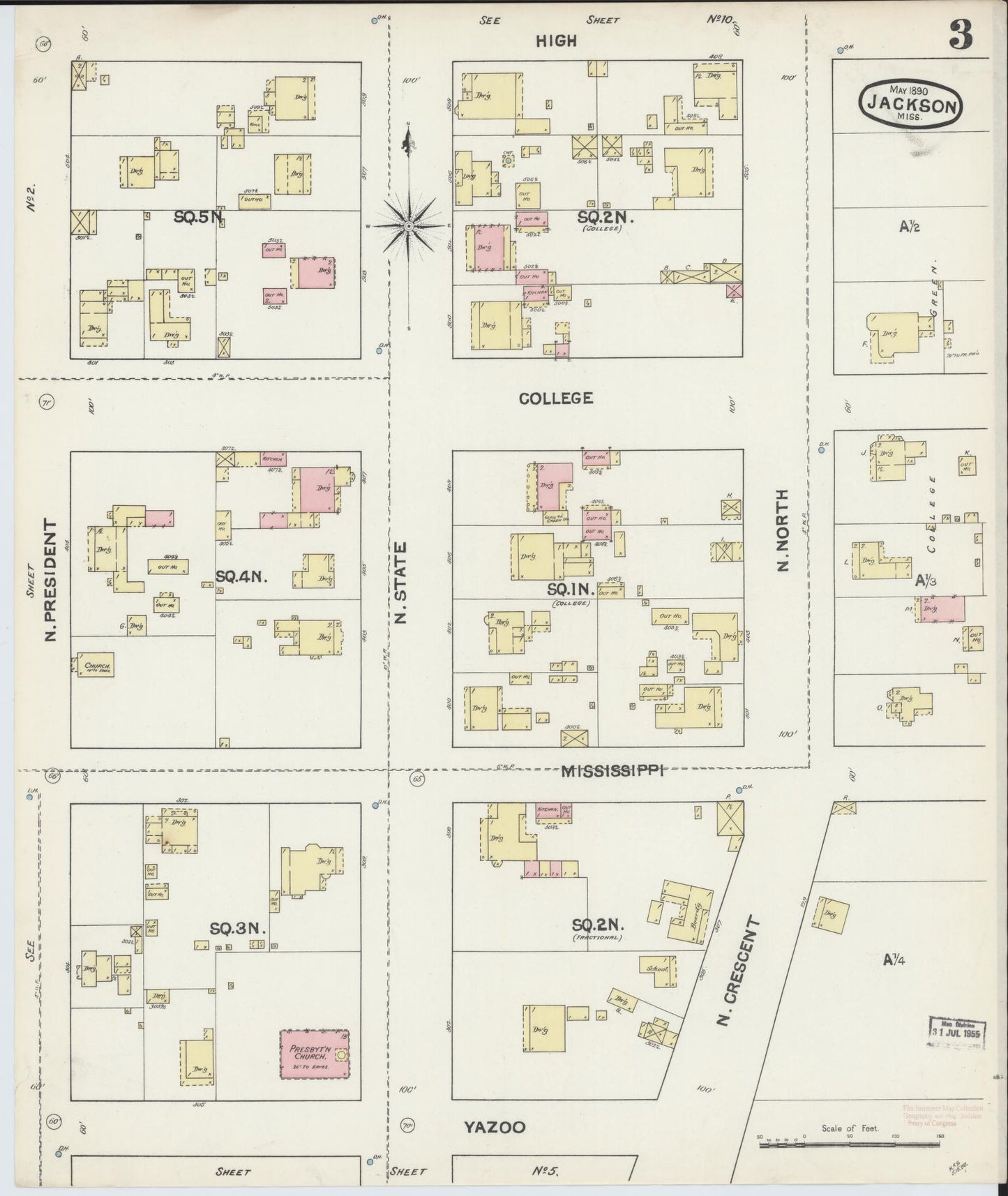Sanborn Fire Insurance Map from Jackson, Hinds County, Mississippi (1890), Sheet #0003 - Complete Map Set gallery image, historic Sanborn map, vintage wall art, Mississippi Mississippi