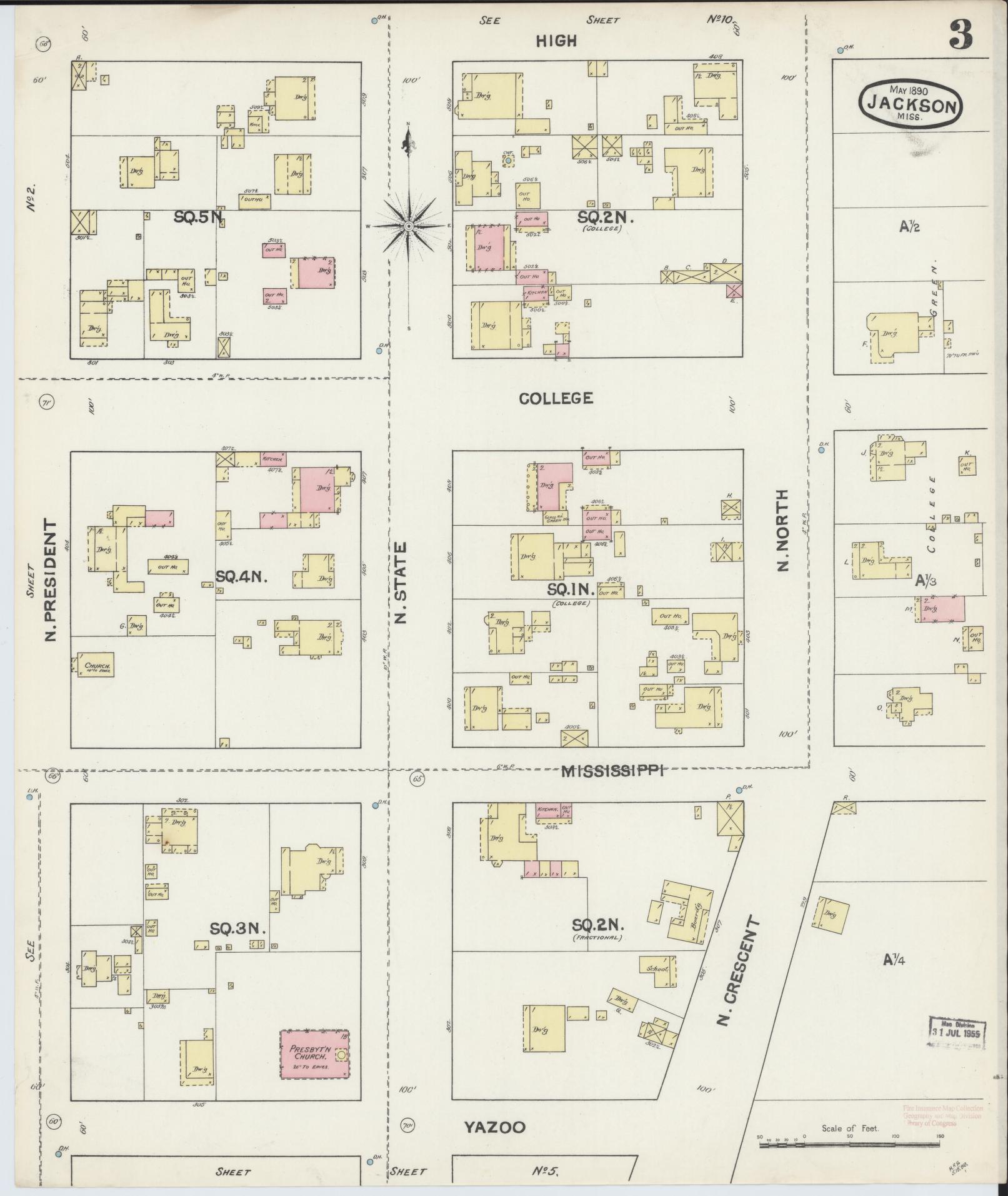 Sanborn Fire Insurance Map from Jackson, Hinds County, Mississippi (1890), Sheet #0003 - Complete Map Set gallery image, historic Sanborn map, vintage wall art, Mississippi Mississippi