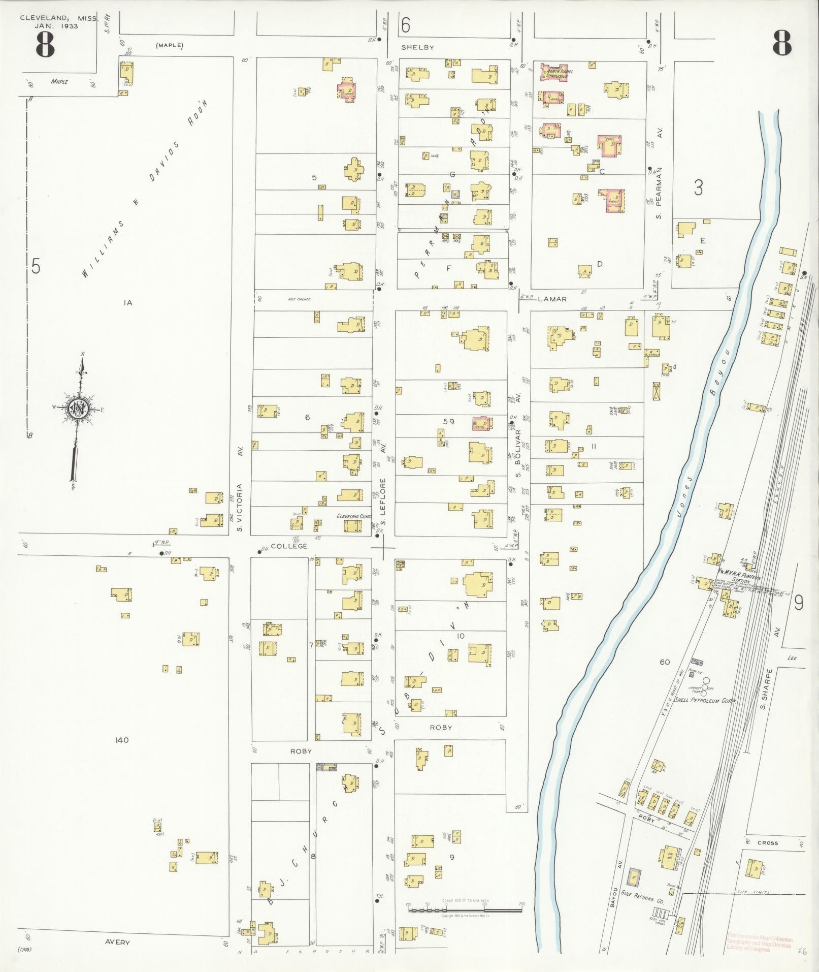 Sanborn Fire Insurance Map from Cleveland, Bolivar County, Mississippi (1933), Sheet #0008 - Historic Sanborn Fire Insurance Map Print, vintage old map wall art, antique decor, genealogy gift, Mississippi Mississippi map