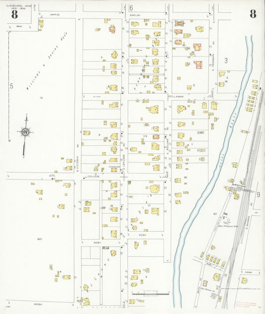 Sanborn Fire Insurance Map from Cleveland, Bolivar County, Mississippi (1933), Sheet #0008 - Historic Sanborn Fire Insurance Map Print, vintage old map wall art, antique decor, genealogy gift, Mississippi Mississippi map