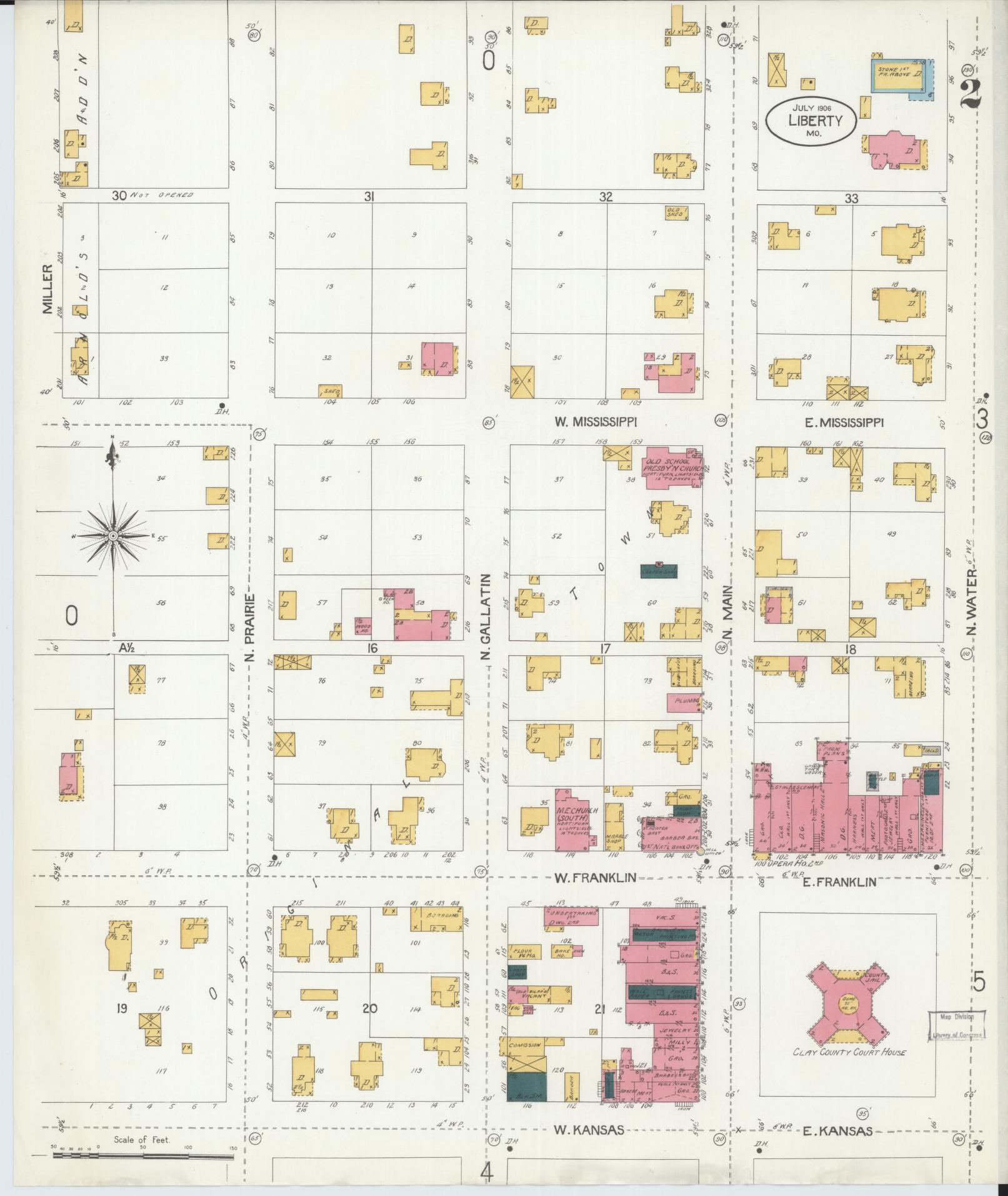 Sanborn Fire Insurance Map from Liberty, Clay County, Missouri (1906), Sheet #0002 - Historic Sanborn Fire Insurance Map Print, vintage old map wall art, antique decor, genealogy gift, Missouri Missouri map
