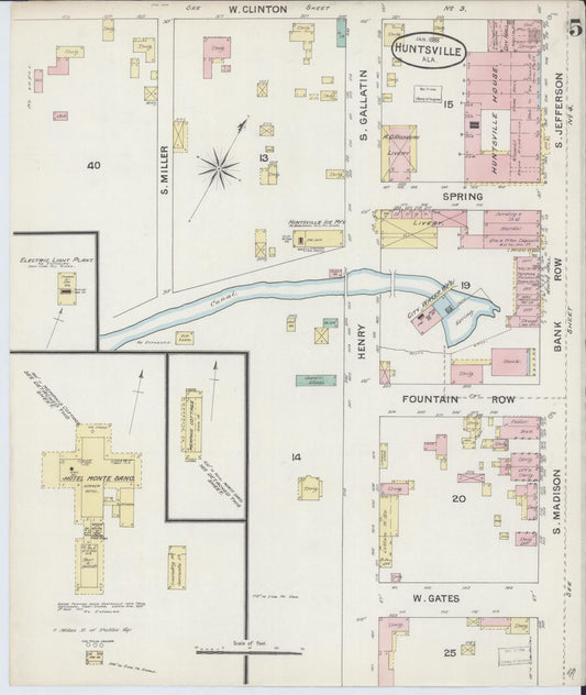 Sanborn Fire Insurance Map from Huntsville, Madison County, Alabama (1888), Sheet #0005 - Historic Sanborn Fire Insurance Map Print, vintage old map wall art, antique decor, genealogy gift, Alabama Alabama map