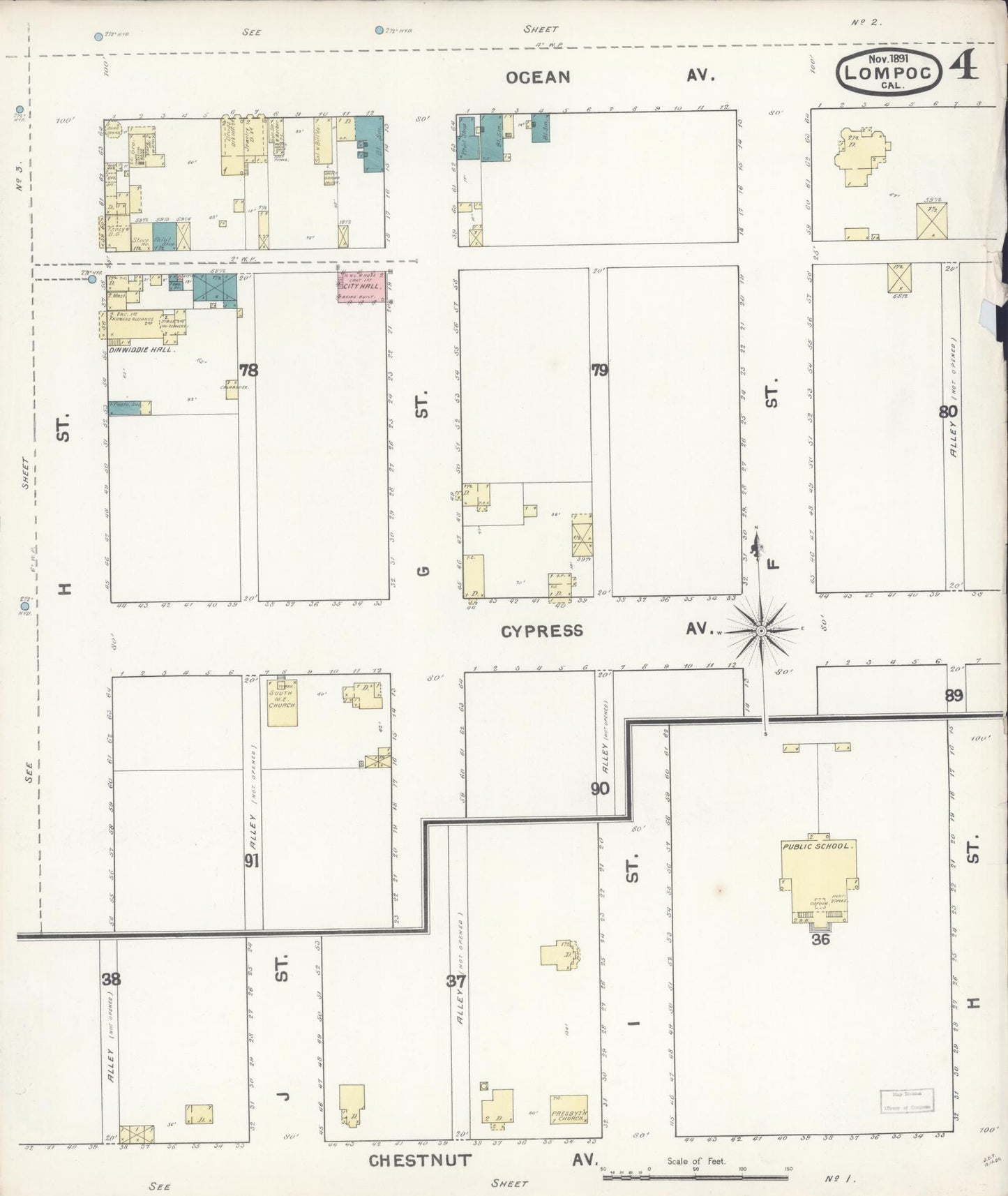 Sanborn Fire Insurance Map from Lompoc, Santa Barbara County, California (1891), Sheet #0004 - Historic Sanborn Fire Insurance Map Print, vintage old map wall art, antique decor, genealogy gift, California California map