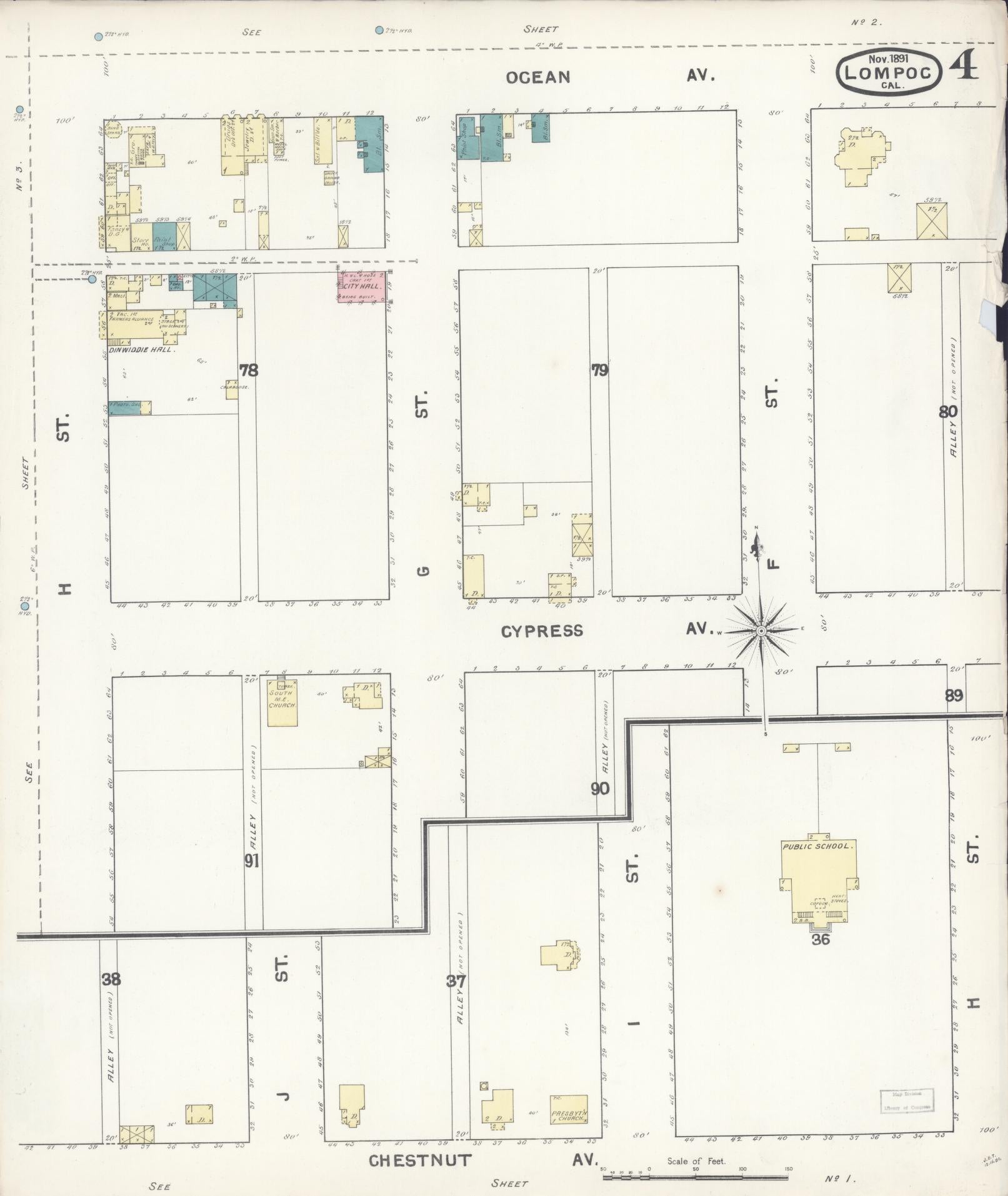Sanborn Fire Insurance Map from Lompoc, Santa Barbara County, California (1891), Sheet #0004 - Historic Sanborn Fire Insurance Map Print, vintage old map wall art, antique decor, genealogy gift, California California map