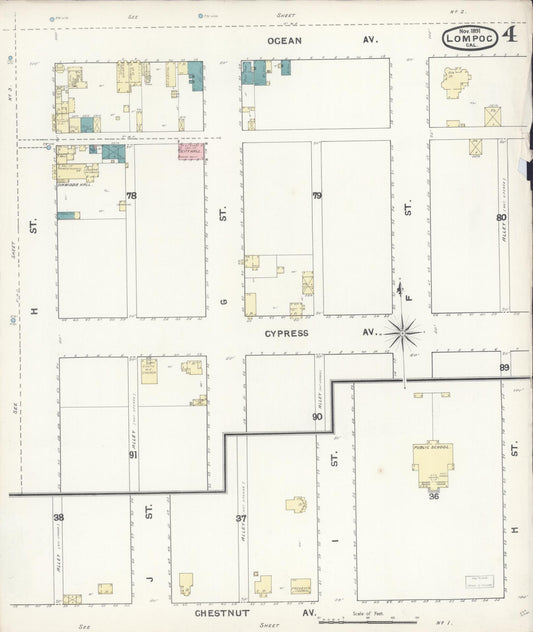 Sanborn Fire Insurance Map from Lompoc, Santa Barbara County, California (1891), Sheet #0004 - Historic Sanborn Fire Insurance Map Print, vintage old map wall art, antique decor, genealogy gift, California California map