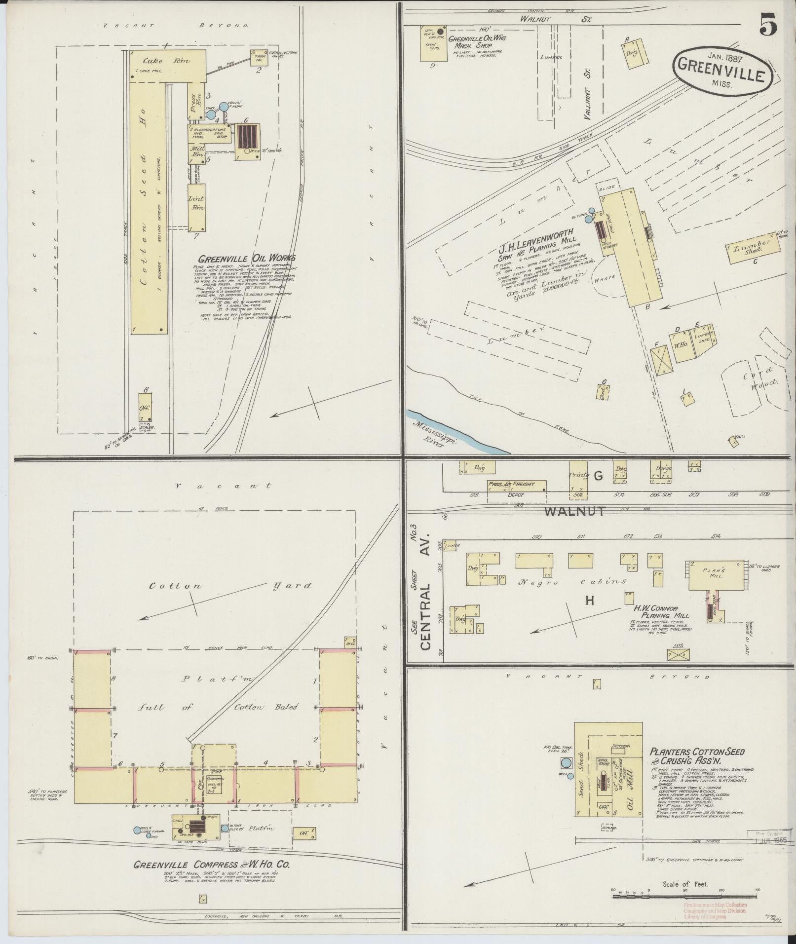 Sanborn Fire Insurance Map from Greenville, Washington County, Mississippi (1887), Sheet #0005 - Historic Sanborn Fire Insurance Map Print, vintage old map wall art, antique decor, genealogy gift, Mississippi Mississippi map