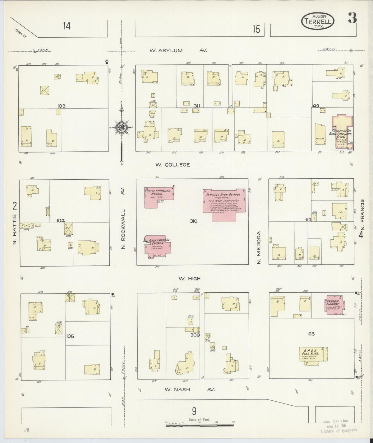 Sanborn Fire Insurance Map from Terrell, Kaufman County, Texas (1914), Sheet #0003 - Complete Map Set gallery image, historic Sanborn map, vintage wall art, Texas Texas