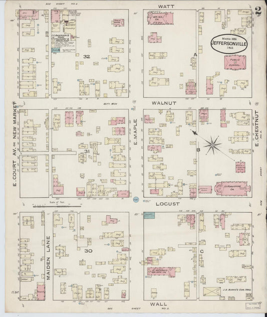 Sanborn Fire Insurance Map from Jeffersonville, Clark County, Indiana (1886), Sheet #0002 - Historic Sanborn Fire Insurance Map Print, vintage old map wall art, antique decor, genealogy gift, Indiana Indiana map