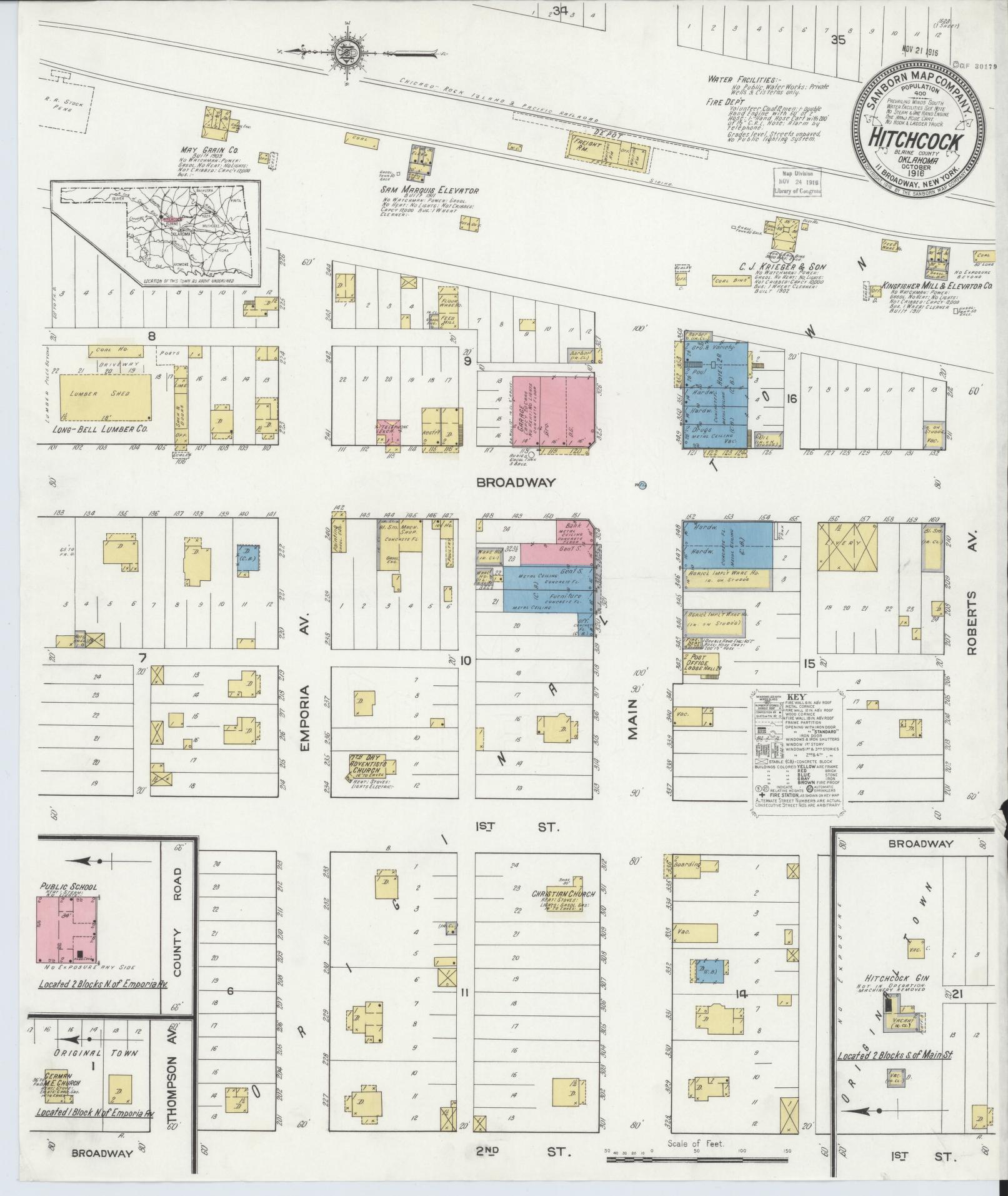 Sanborn Fire Insurance Map from Hitchcock, Blaine County, Oklahoma (1916), Sheet #0001 - Historic Sanborn Fire Insurance Map Print, vintage old map wall art, antique decor, genealogy gift, Oklahoma Oklahoma map
