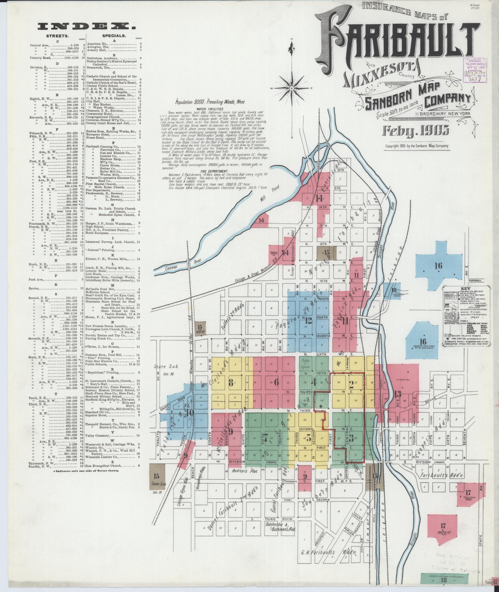 Sanborn Fire Insurance Map from Faribault, Rice County, Minnesota (1905), Sheet #0001 - Historic Sanborn Fire Insurance Map Print, vintage old map wall art, antique decor, genealogy gift, Minnesota Minnesota map
