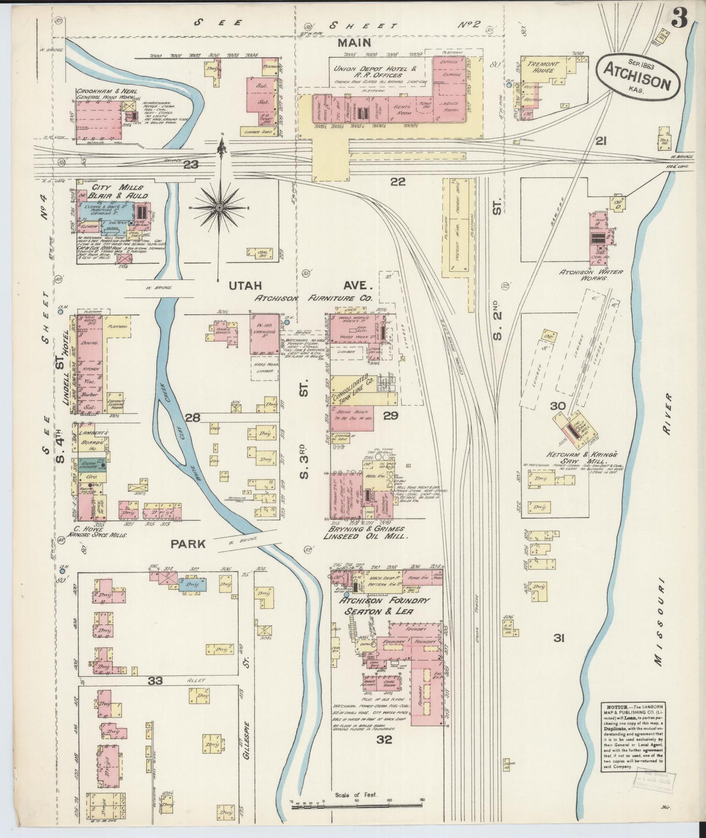 Sanborn Fire Insurance Map from Atchison, Atchison County, Kansas (1883), Sheet #0003 - Historic Sanborn Fire Insurance Map Print, vintage old map wall art, antique decor, genealogy gift, Kansas Kansas map