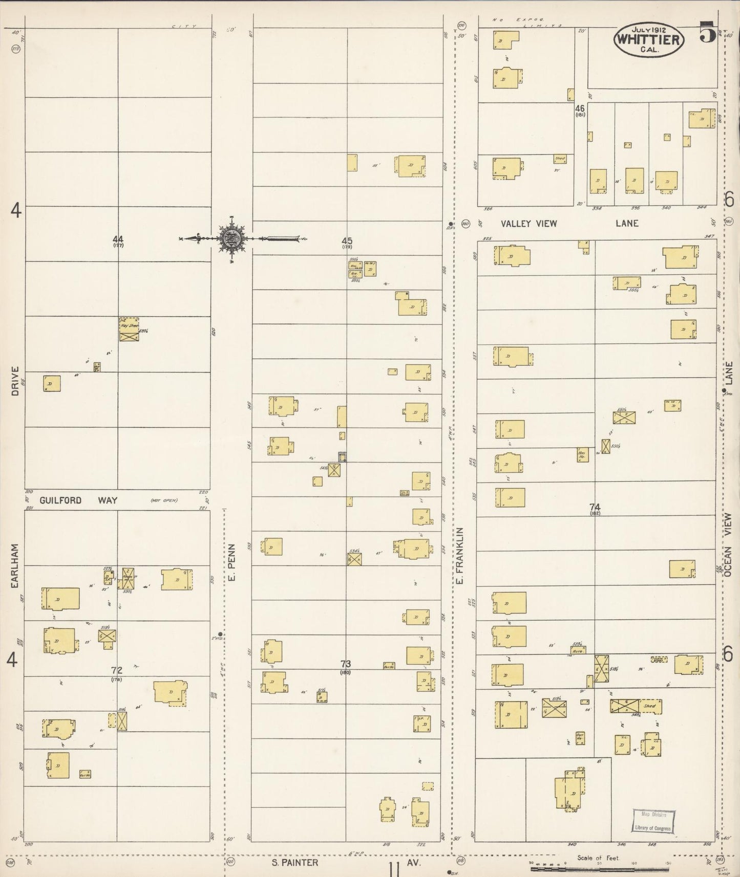 Sanborn Fire Insurance Map from Whittier, Los Angeles County, California (1912), Sheet #0005 - Complete Map Set gallery image, historic Sanborn map, vintage wall art, California California