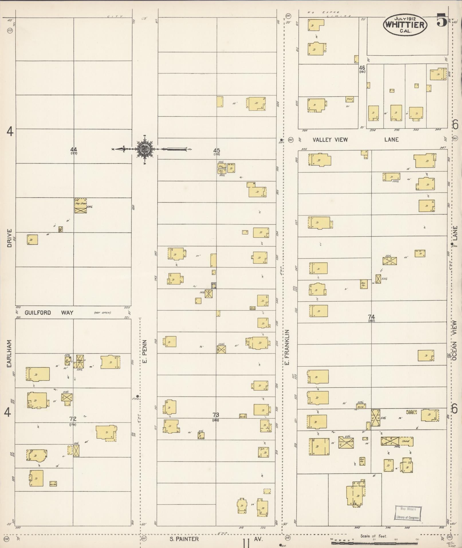 Sanborn Fire Insurance Map from Whittier, Los Angeles County, California (1912), Sheet #0005 - Complete Map Set gallery image, historic Sanborn map, vintage wall art, California California
