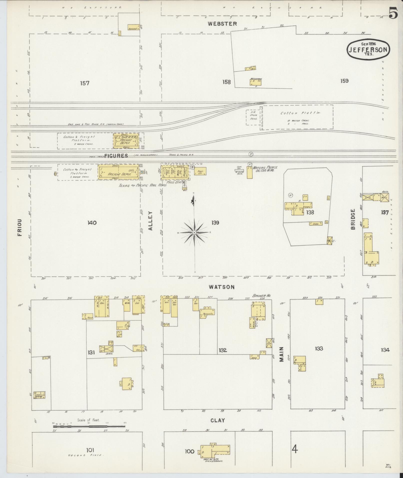Sanborn Fire Insurance Map from Jefferson, Marion County, Texas (1896), Sheet #0005 - Historic Sanborn Fire Insurance Map Print, vintage old map wall art, antique decor, genealogy gift, Texas Texas map