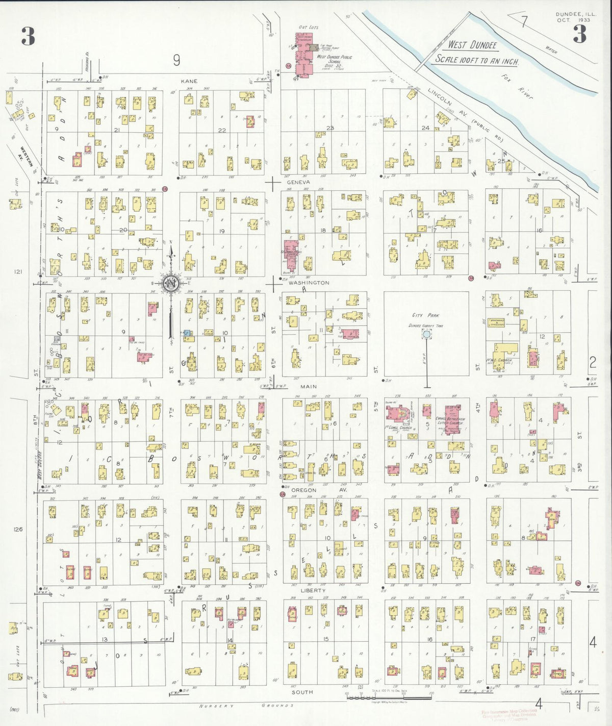 Sanborn Fire Insurance Map from Dundee, Kane County, Illinois (1933), Sheet #0003 - Historic Sanborn Fire Insurance Map Print, vintage old map wall art, antique decor, genealogy gift, Illinois Illinois map