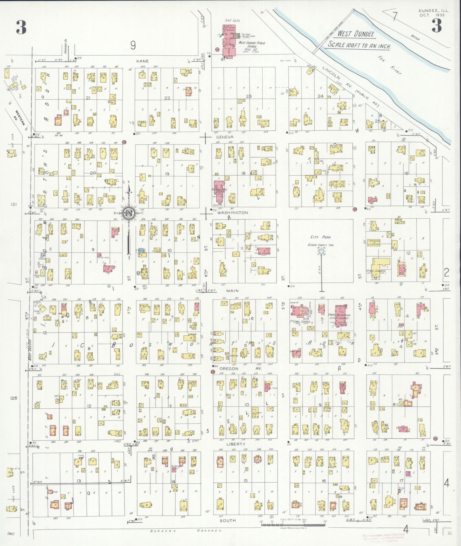 Sanborn Fire Insurance Map from Dundee, Kane County, Illinois (1933), Sheet #0003 - Historic Sanborn Fire Insurance Map Print, vintage old map wall art, antique decor, genealogy gift, Illinois Illinois map