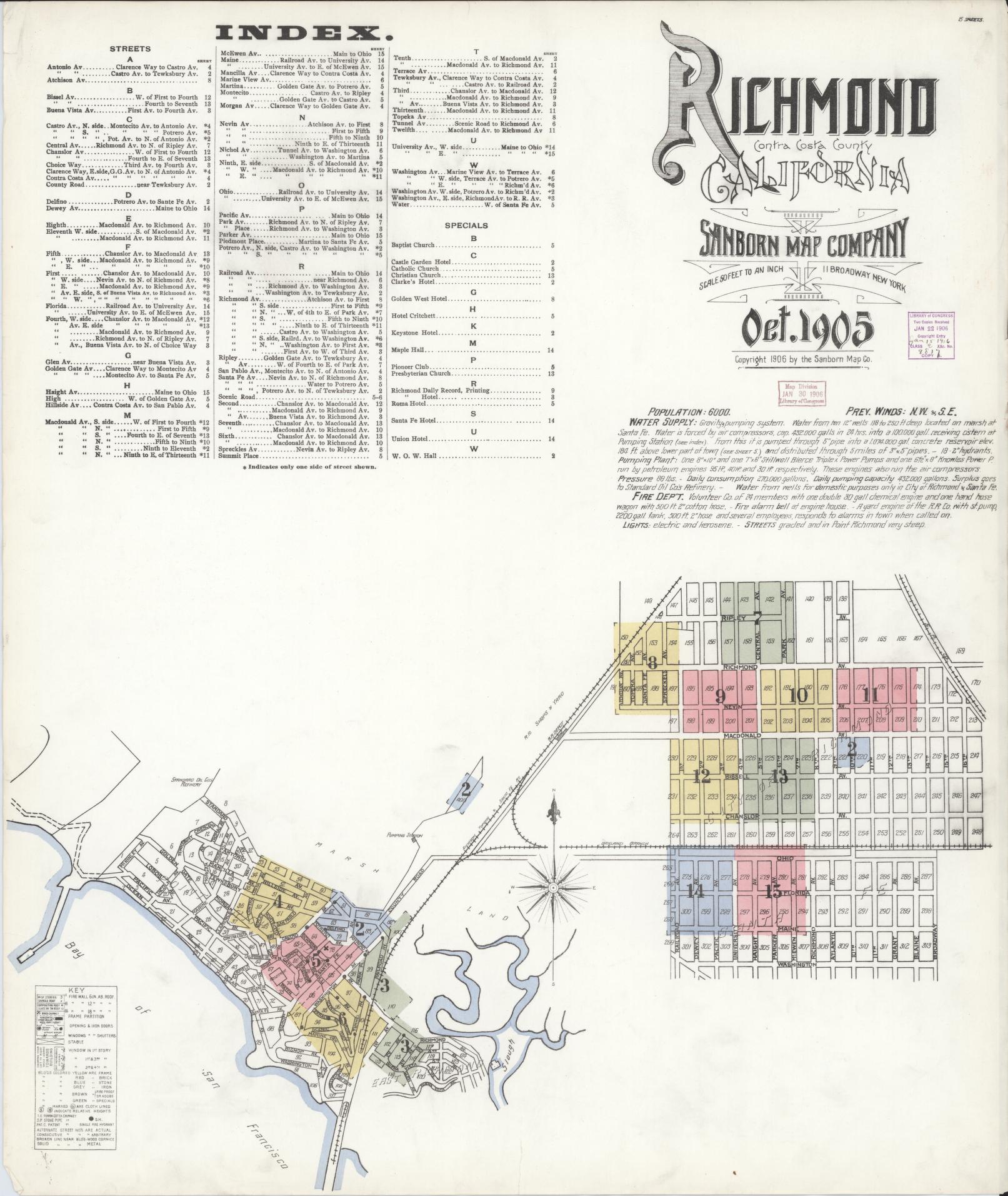 Sanborn Fire Insurance Map from Richmond, Contra Costa County, California (1905), Sheet #0001 - Complete Map Set gallery image, historic Sanborn map, vintage wall art, California California