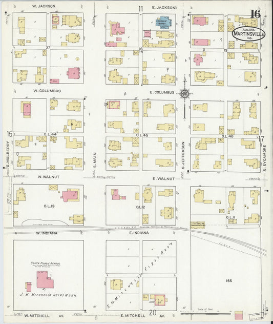 Sanborn Fire Insurance Map from Martinsville, Morgan County, Indiana (1916), Sheet #0016 - Historic Sanborn Fire Insurance Map Print, vintage old map wall art, antique decor, genealogy gift, Indiana Indiana map