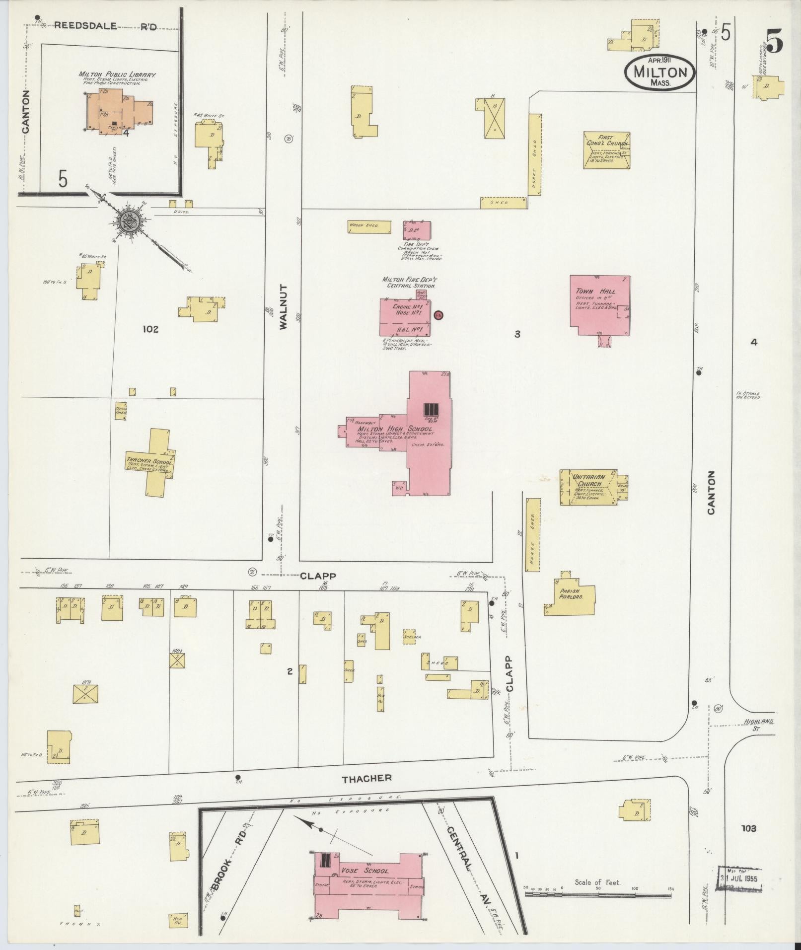 Sanborn Fire Insurance Map from Milton, Norfolk County, Massachusetts (1911), Sheet #0005 - Complete Map Set gallery image, historic Sanborn map, vintage wall art, Massachusetts Massachusetts