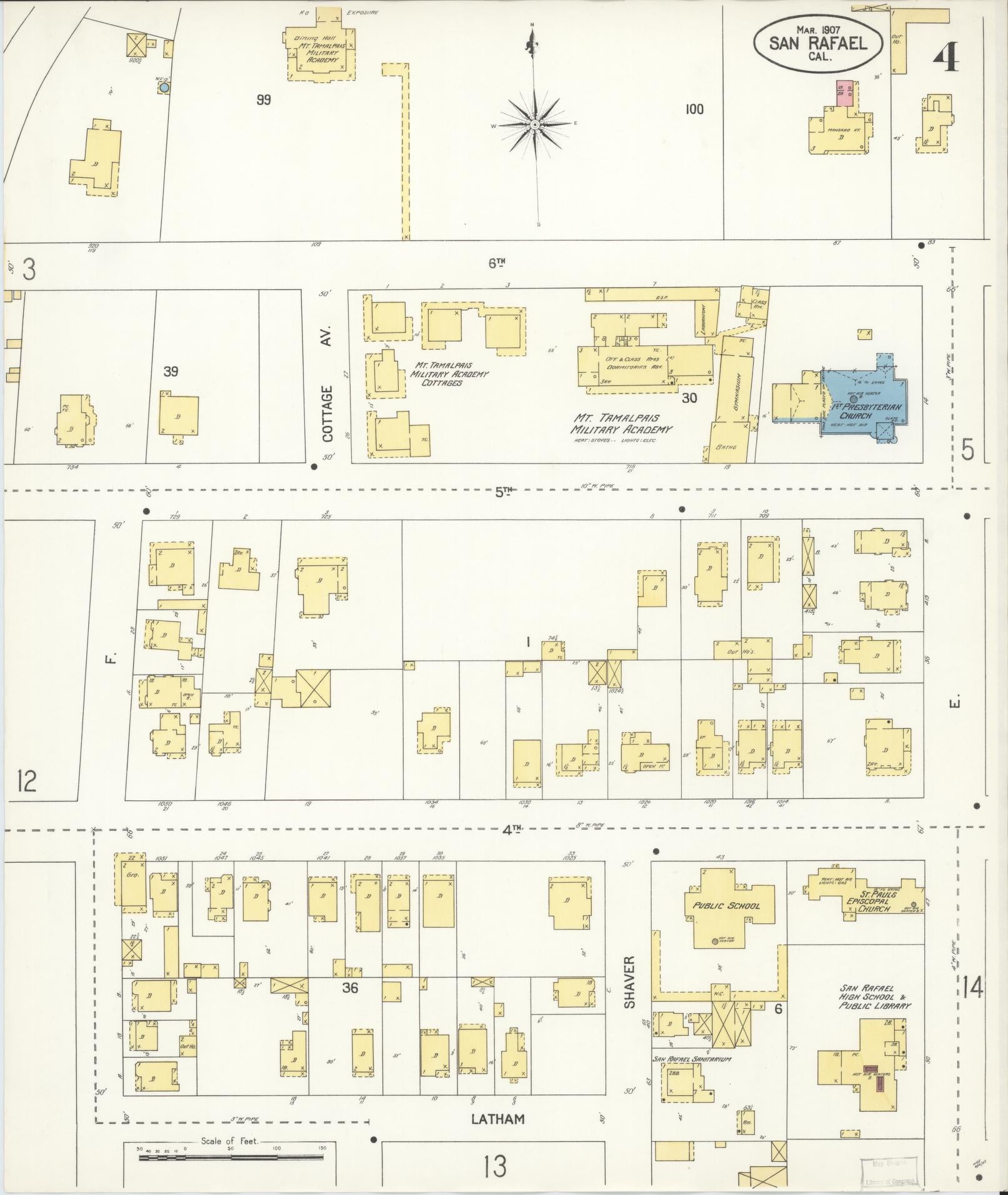 Sanborn Fire Insurance Map from San Rafael, Marin County, California (1907), Sheet #0004 - Complete Map Set gallery image, historic Sanborn map, vintage wall art, California California