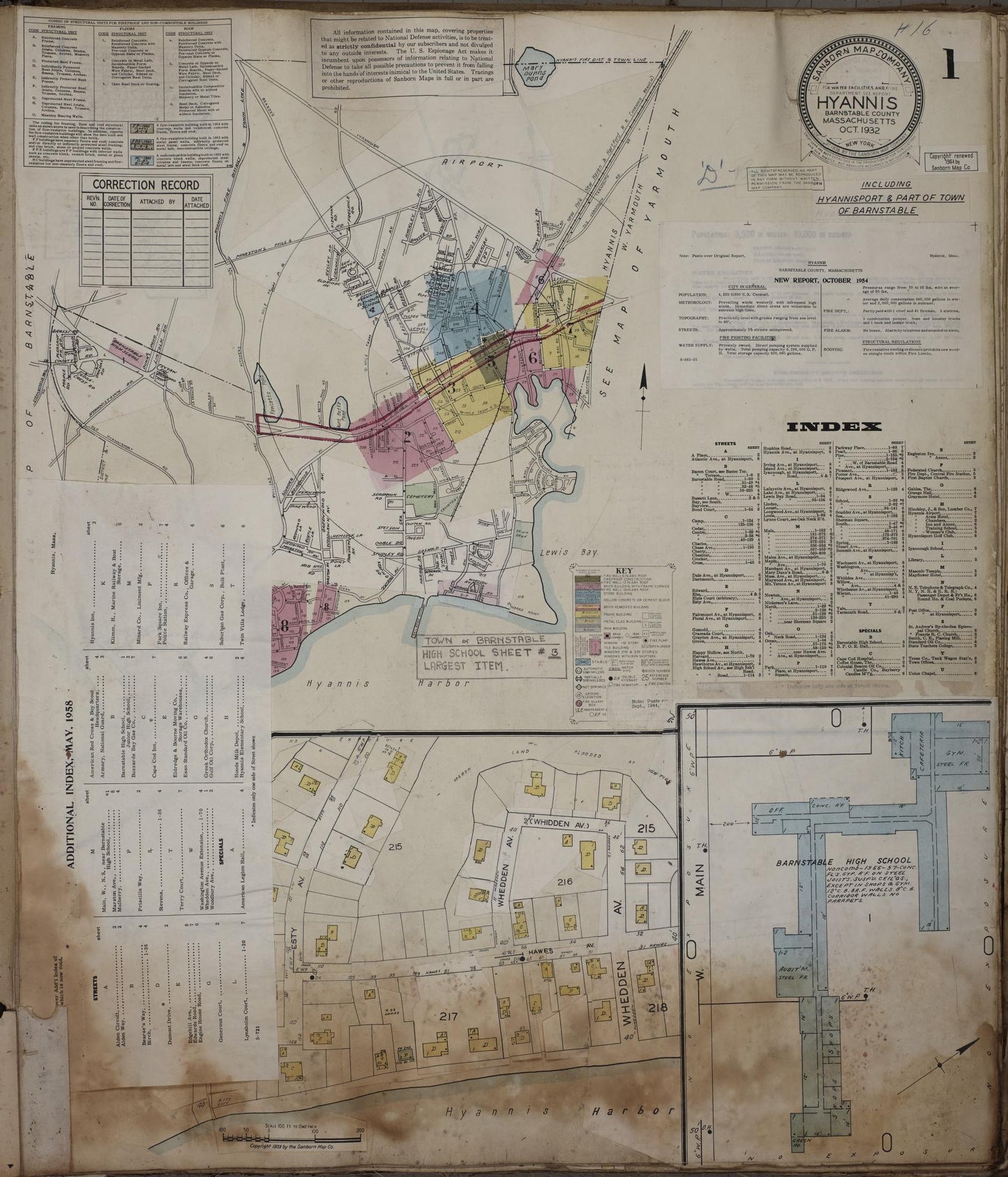 Sanborn Fire Insurance Map from Hyannis, Barnstable County, Massachusetts (1961), Sheet #0001 - Historic Sanborn Fire Insurance Map Print, vintage old map wall art, antique decor, genealogy gift, Massachusetts Massachusetts map