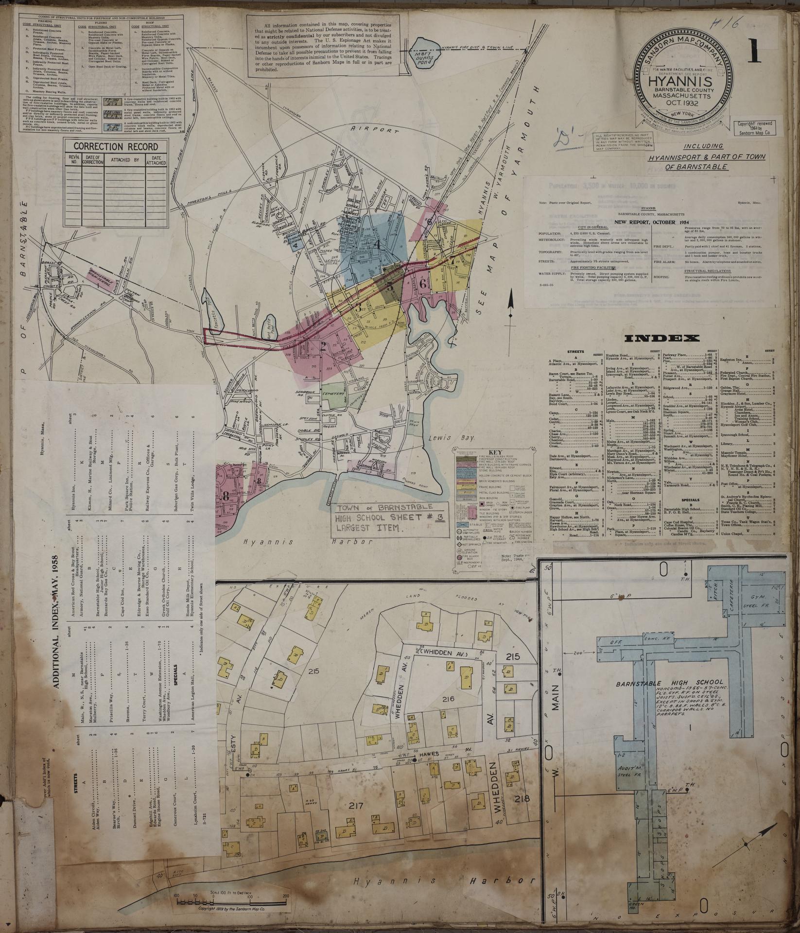 Sanborn Fire Insurance Map from Hyannis, Barnstable County, Massachusetts (1961), Sheet #0001 - Historic Sanborn Fire Insurance Map Print, vintage old map wall art, antique decor, genealogy gift, Massachusetts Massachusetts map