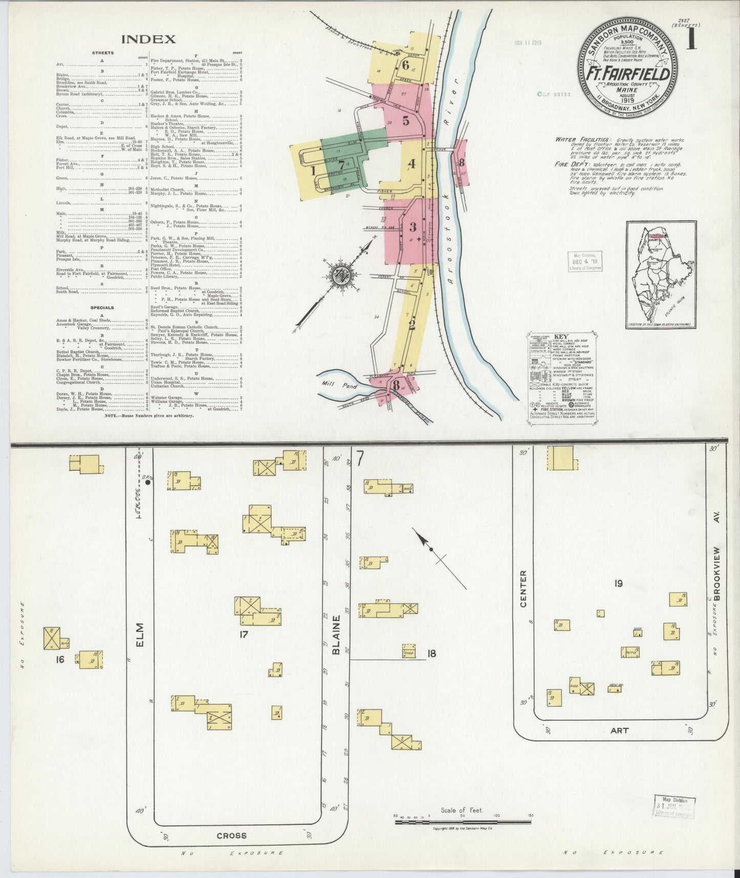 Sanborn Fire Insurance Map from Fort Fairfield, Aroostook County, Maine (1919), Sheet #0001 - Complete Map Set gallery image, historic Sanborn map, vintage wall art, Maine Maine