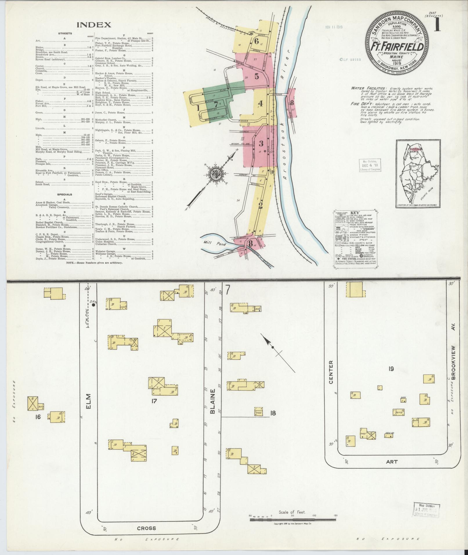 Sanborn Fire Insurance Map from Fort Fairfield, Aroostook County, Maine (1919), Sheet #0001 - Complete Map Set gallery image, historic Sanborn map, vintage wall art, Maine Maine