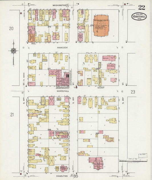 Sanborn Fire Insurance Map from Manitowoc, Manitowoc County, Wisconsin (1919), Sheet #0022 - Historic Sanborn Fire Insurance Map Print, vintage old map wall art, antique decor, genealogy gift, Wisconsin Wisconsin map
