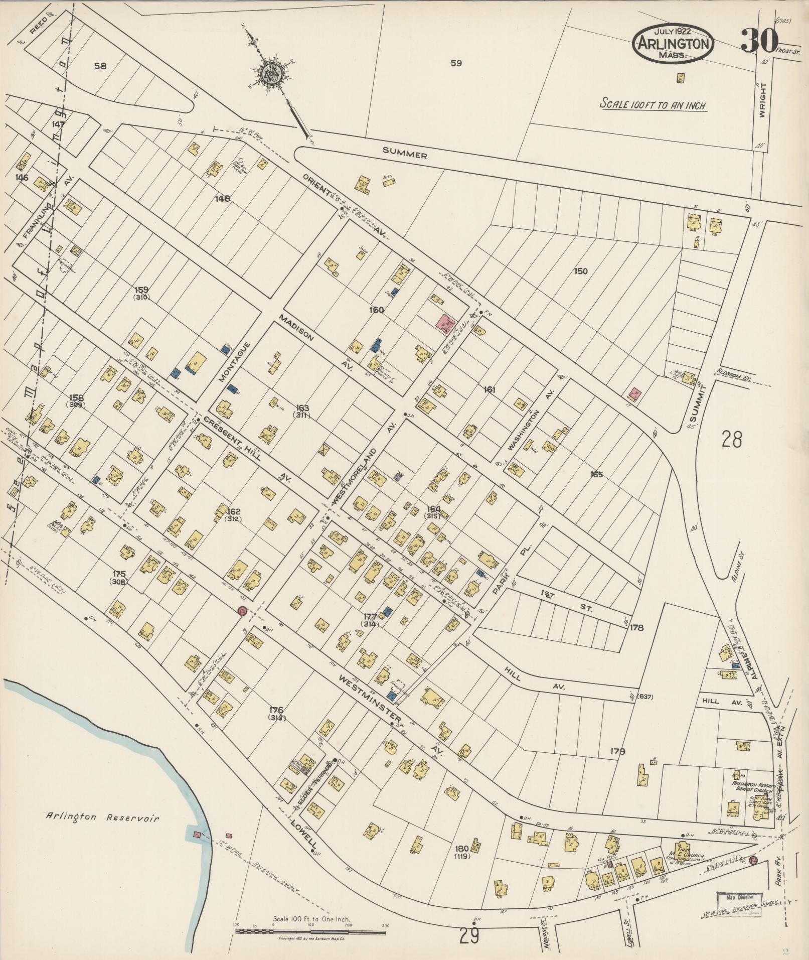 Sanborn Fire Insurance Map from Arlington, Middlesex County, Massachusetts (1922), Sheet #0030 - Complete Map Set gallery image, historic Sanborn map, vintage wall art, Massachusetts Massachusetts