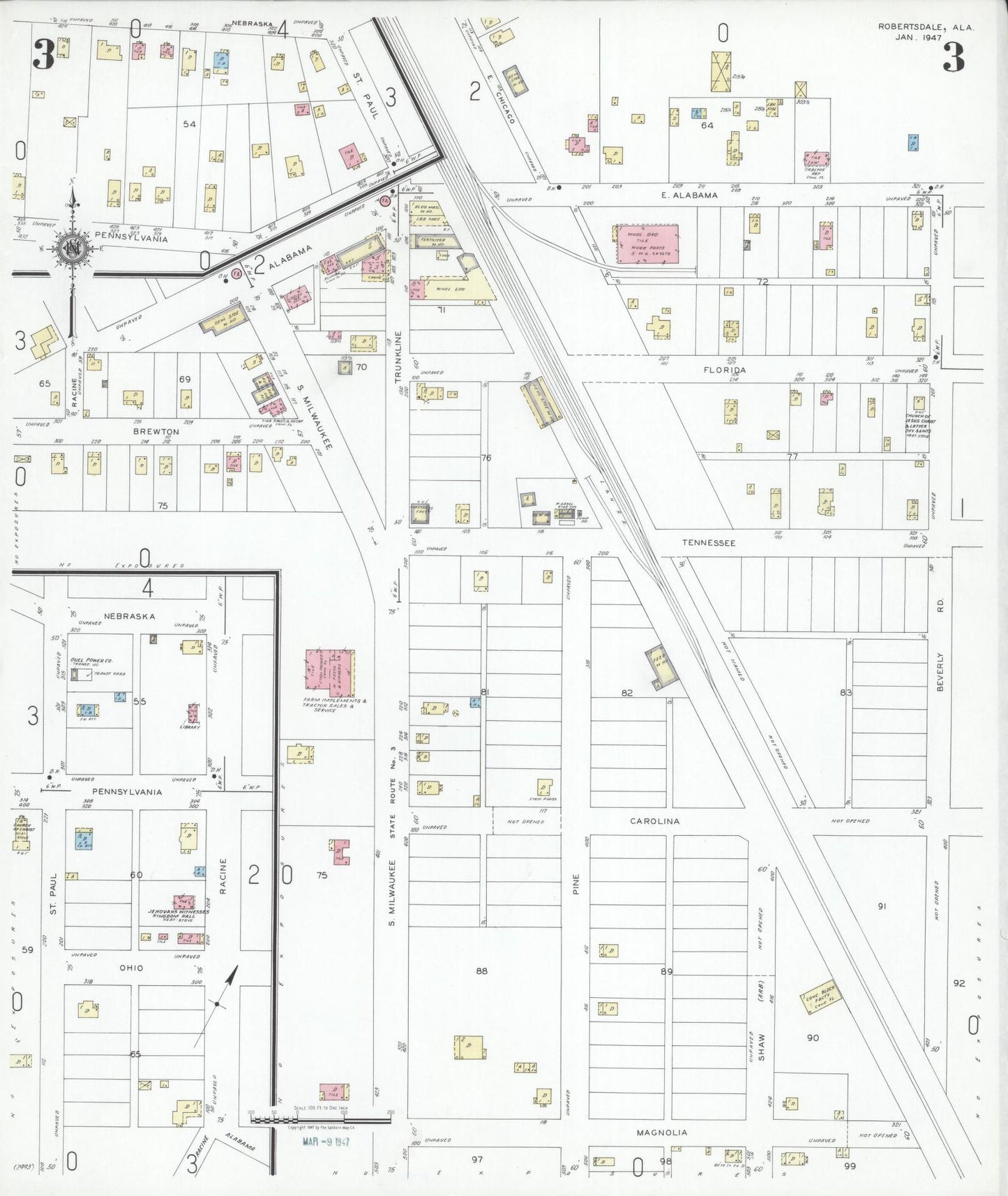 Sanborn Fire Insurance Map from Robertsdale, Baldwin County, Alabama (1947), Sheet #0003 - Historic Sanborn Fire Insurance Map Print, vintage old map wall art, antique decor, genealogy gift, Alabama Alabama map