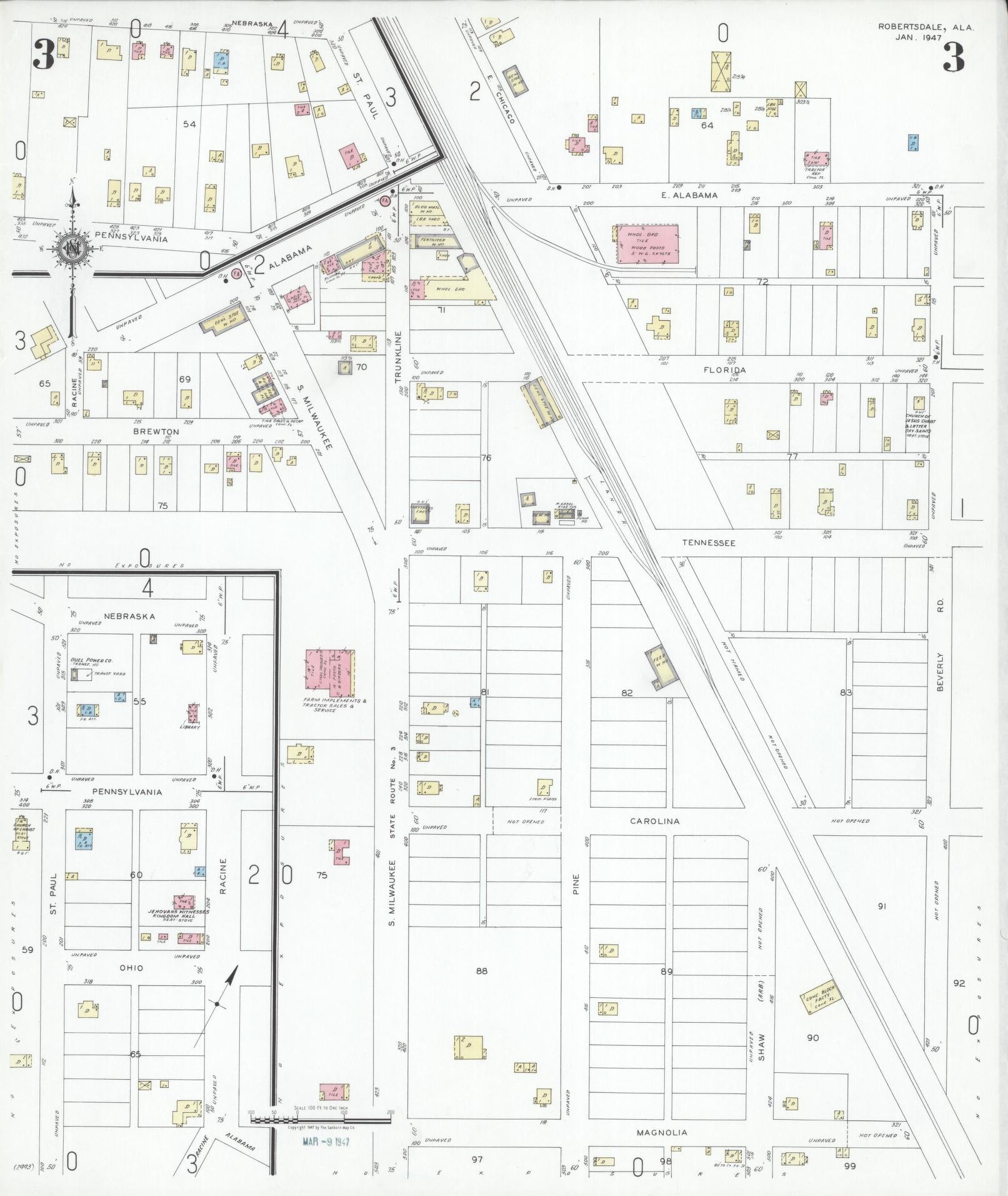Sanborn Fire Insurance Map from Robertsdale, Baldwin County, Alabama (1947), Sheet #0003 - Historic Sanborn Fire Insurance Map Print, vintage old map wall art, antique decor, genealogy gift, Alabama Alabama map