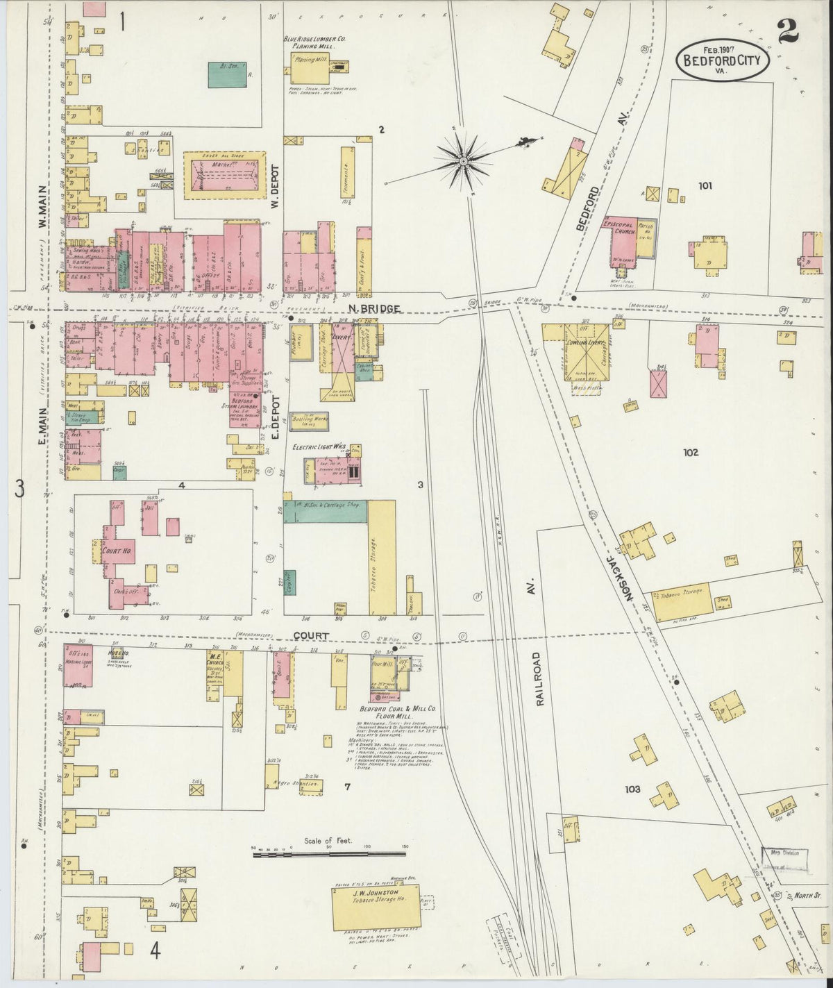 Sanborn Fire Insurance Map from Bedford, Independent Cities, Virginia (1907), Sheet #0002 - Complete Map Set gallery image, historic Sanborn map, vintage wall art, Virginia Virginia