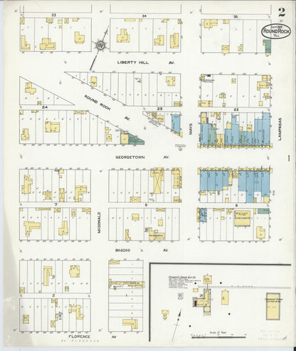 Sanborn Fire Insurance Map from Round Rock, Williamson County, Texas (1909), Sheet #0002 - Historic Sanborn Fire Insurance Map Print, vintage old map wall art, antique decor, genealogy gift, Texas Texas map