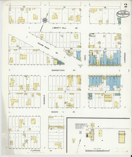 Sanborn Fire Insurance Map from Round Rock, Williamson County, Texas (1909), Sheet #0002 - Historic Sanborn Fire Insurance Map Print, vintage old map wall art, antique decor, genealogy gift, Texas Texas map
