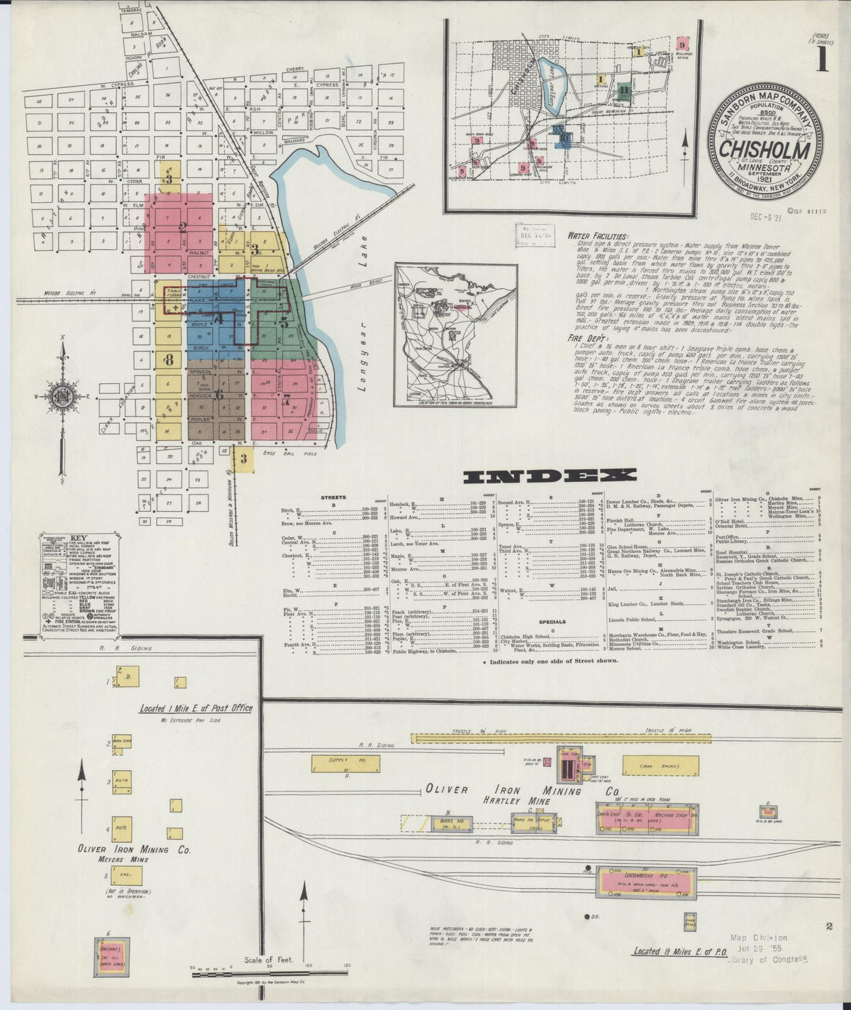 Sanborn Fire Insurance Map from Chisholm, Saint Louis County, Minnesota (1921), Sheet #0001 - Historic Sanborn Fire Insurance Map Print, vintage old map wall art, antique decor, genealogy gift, Minnesota Minnesota map
