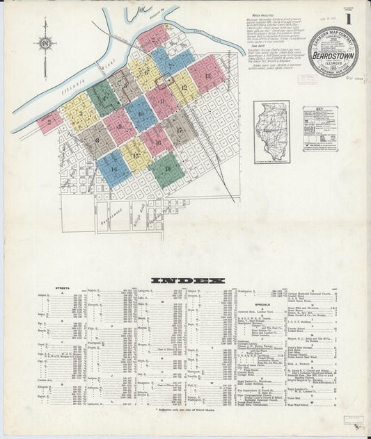 Sanborn Fire Insurance Map from Beardstown, Cass County, Illinois (1913), Sheet #0001 - Historic Sanborn Fire Insurance Map Print, vintage old map wall art, antique decor, genealogy gift, Illinois Illinois map