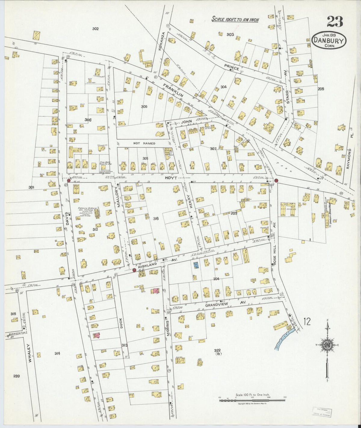 Sanborn Fire Insurance Map from Danbury, Fairfield County, Connecticut (1919), Sheet #0023 - Historic Sanborn Fire Insurance Map Print, vintage old map wall art, antique decor, genealogy gift, Connecticut Connecticut map