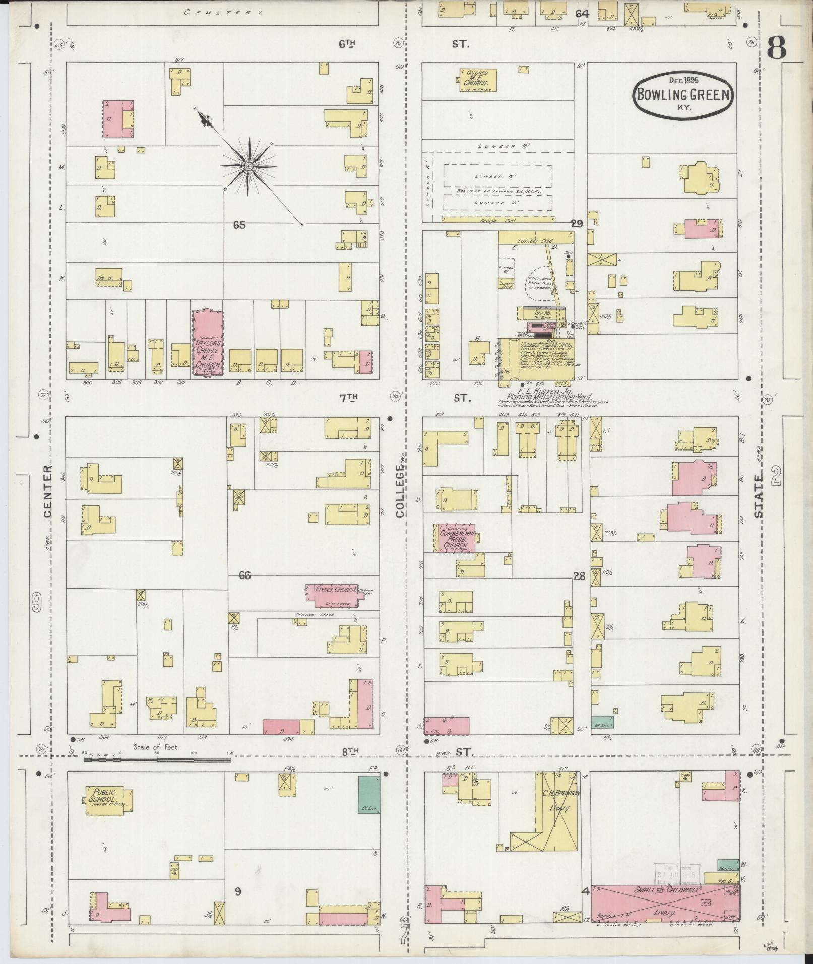Sanborn Fire Insurance Map from Bowling Green, Warren County, Kentucky (1895), Sheet #0008 - Historic Sanborn Fire Insurance Map Print, vintage old map wall art, antique decor, genealogy gift, Kentucky Kentucky map