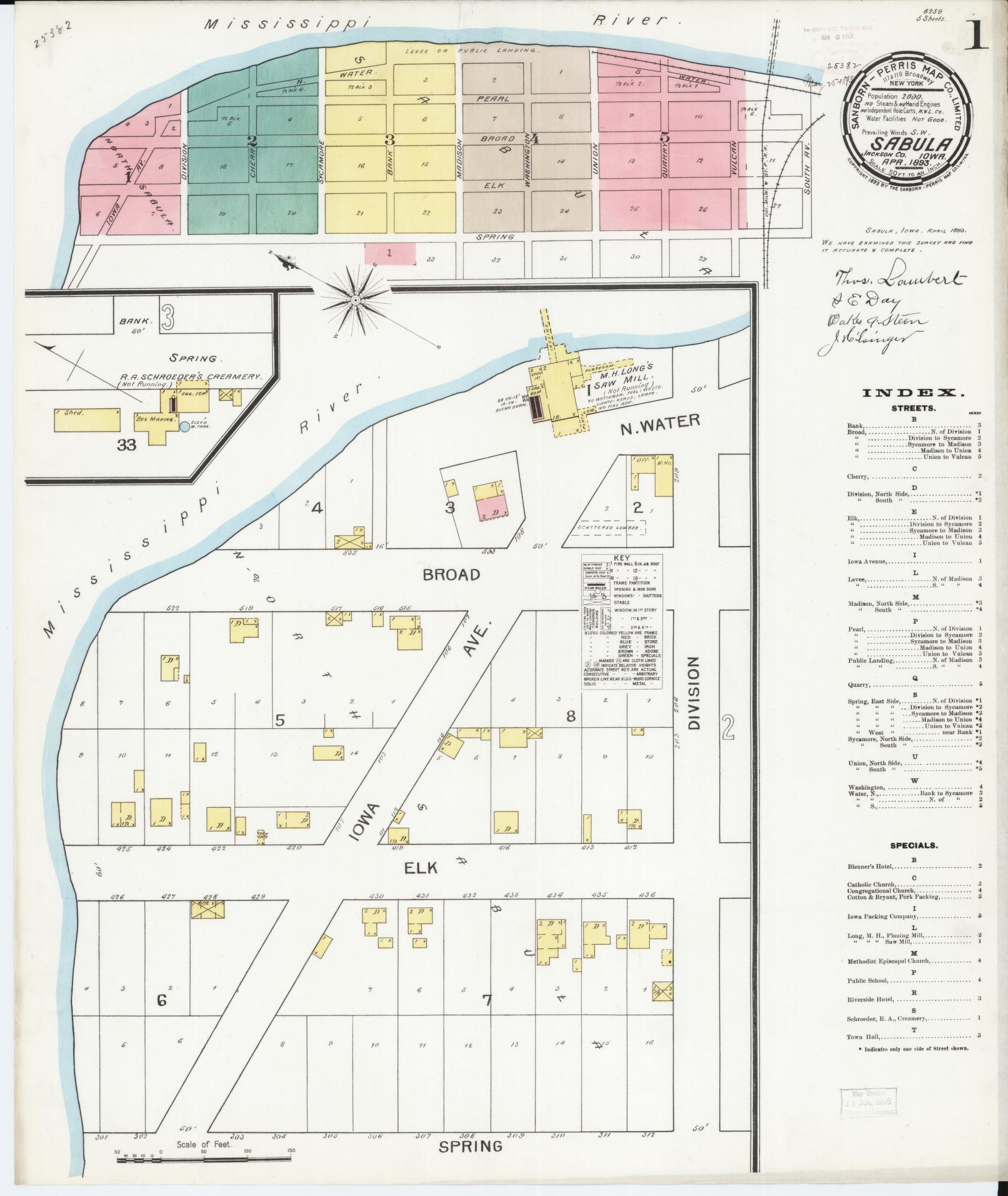 Sanborn Fire Insurance Map from Sabula, Jackson County, Iowa (1893), Sheet #0001 - Historic Sanborn Fire Insurance Map Print, vintage old map wall art