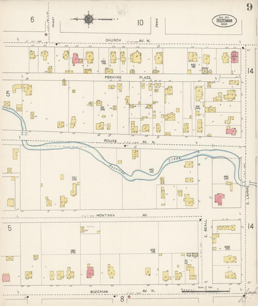 Sanborn Fire Insurance Map from Bozeman, Gallatin County, Montana (1912), Sheet #0009 - Historic Sanborn Fire Insurance Map Print, vintage old map wall art, antique decor, genealogy gift, Montana Montana map