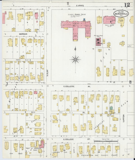 Sanborn Fire Insurance Map from Jacksonville, Morgan County, Illinois (1905), Sheet #0012 - Historic Sanborn Fire Insurance Map Print, vintage old map wall art, antique decor, genealogy gift, Illinois Illinois map
