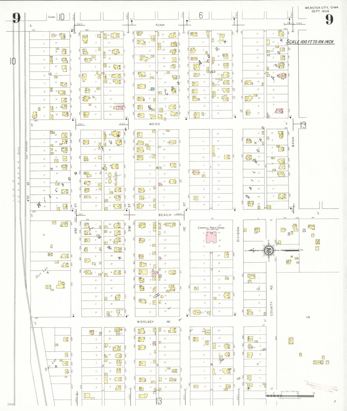 Sanborn Fire Insurance Map from Webster City, Hamilton County, Iowa (1938), Sheet #0009 - Historic Sanborn Fire Insurance Map Print, vintage old map wall art