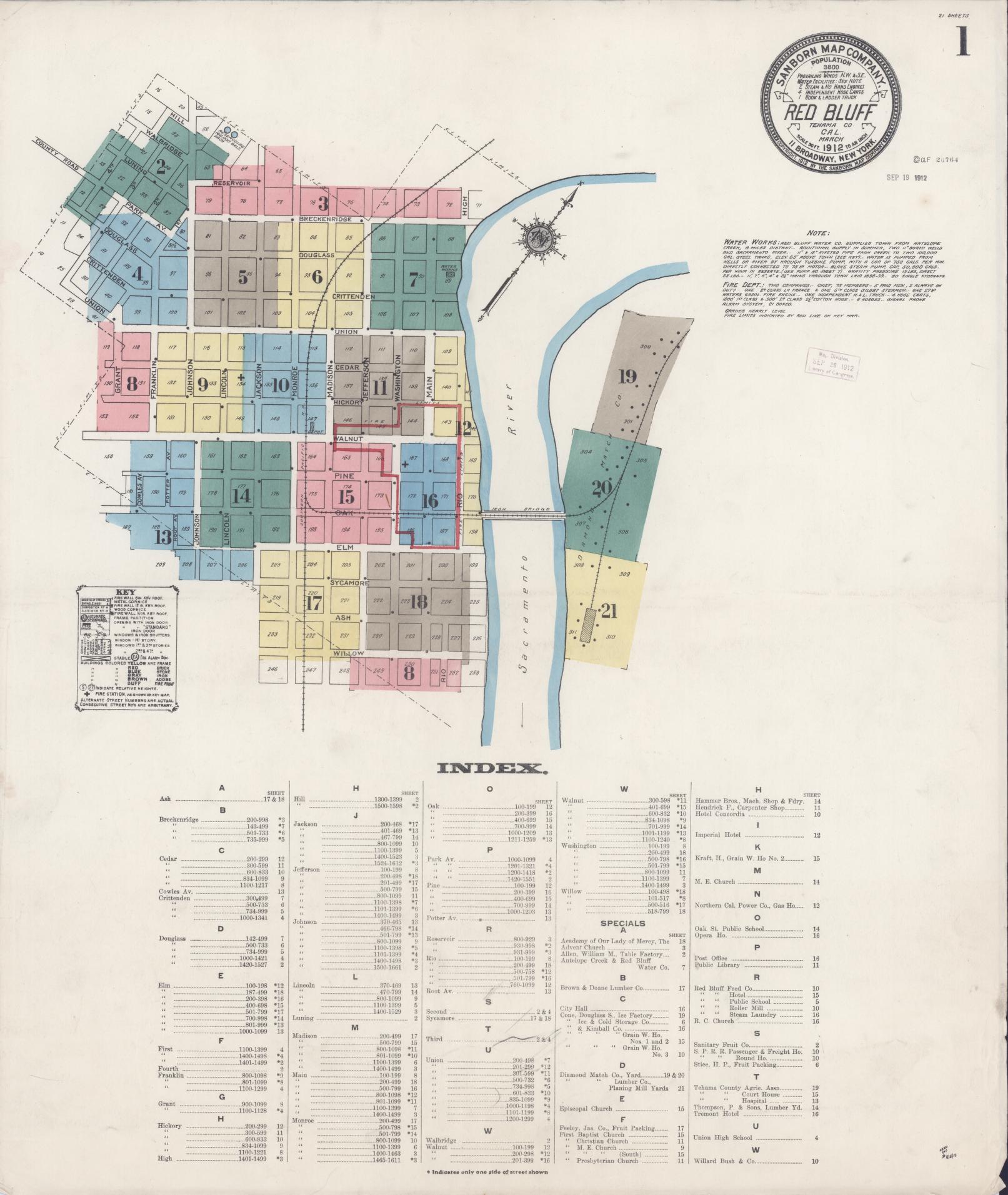 Sanborn Fire Insurance Map from Red Bluff, Tehama County, California (1912), Sheet #0001 - Complete Map Set gallery image, historic Sanborn map, vintage wall art, California California