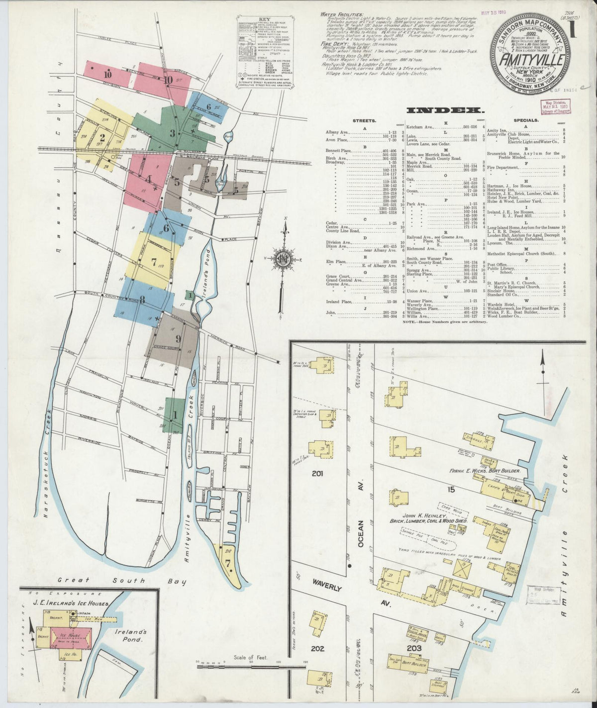 Sanborn Fire Insurance Map from Amityville, Suffolk County, New York (1910), Sheet #0001 - Historic Sanborn Fire Insurance Map Print, vintage old map wall art, antique decor, genealogy gift, New York New York map