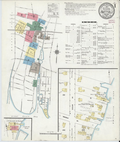 Sanborn Fire Insurance Map from Amityville, Suffolk County, New York (1910), Sheet #0001 - Historic Sanborn Fire Insurance Map Print, vintage old map wall art, antique decor, genealogy gift, New York New York map