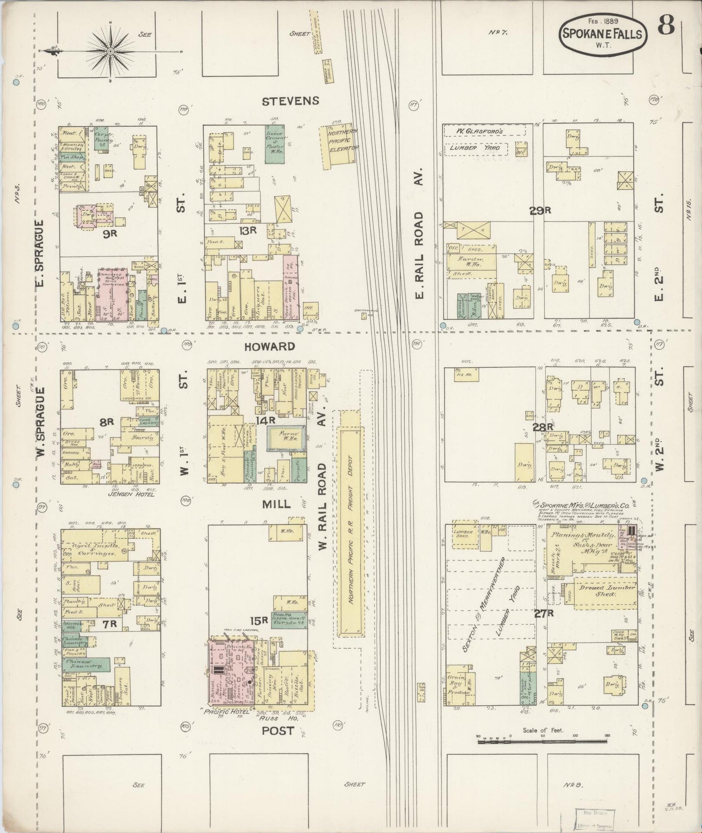 Sanborn Fire Insurance Map from Spokane, Spokane County, Washington (1889), Sheet #0008 - Historic Sanborn Fire Insurance Map Print, vintage old map wall art, antique decor, genealogy gift, Washington Washington map